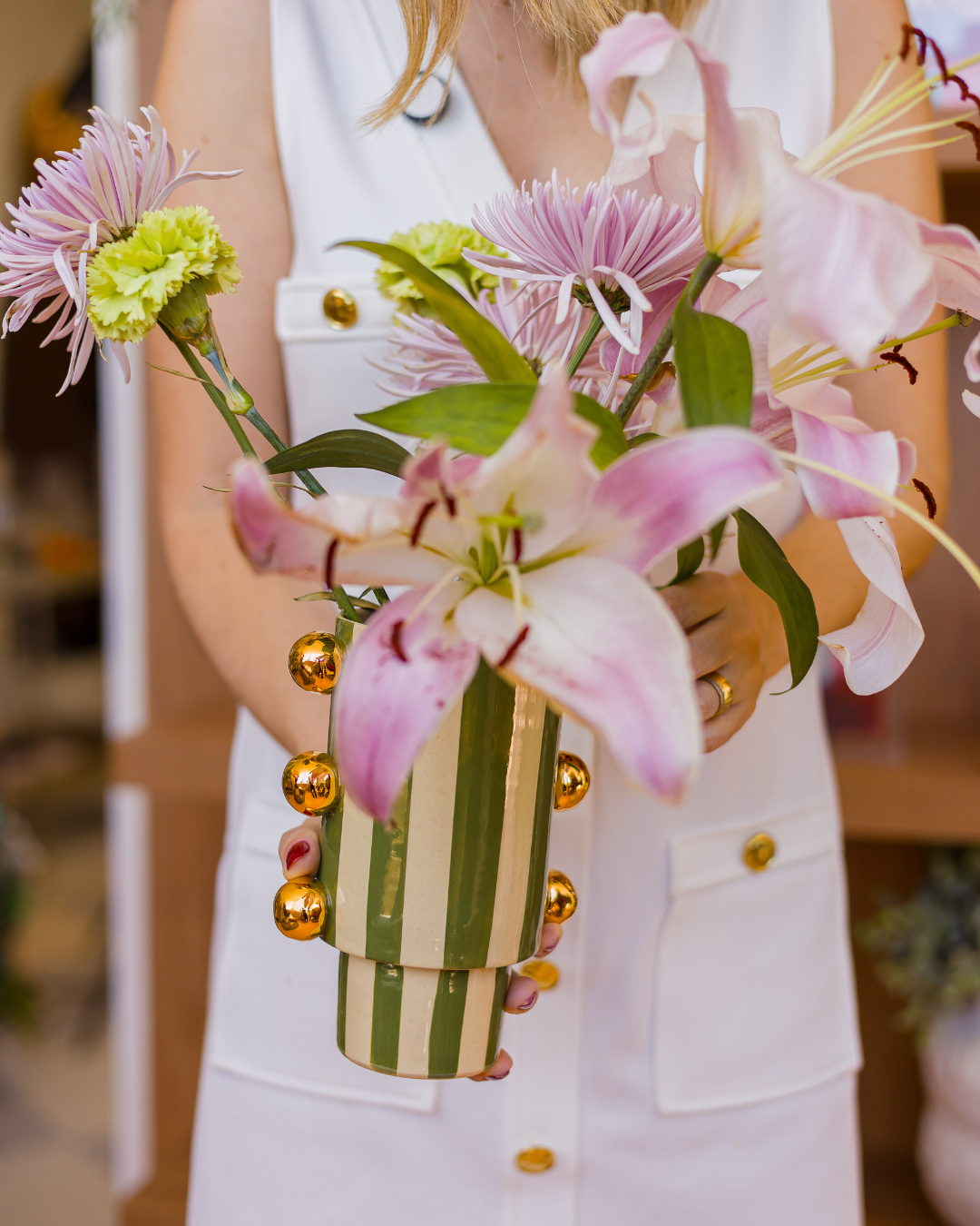 Vaso Giu Listrado com Ouro Verde - 18x10 cm