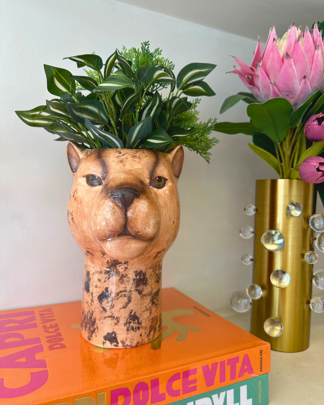 Escultura em Cerâmica Leopardo Savannah - 25x10 cm