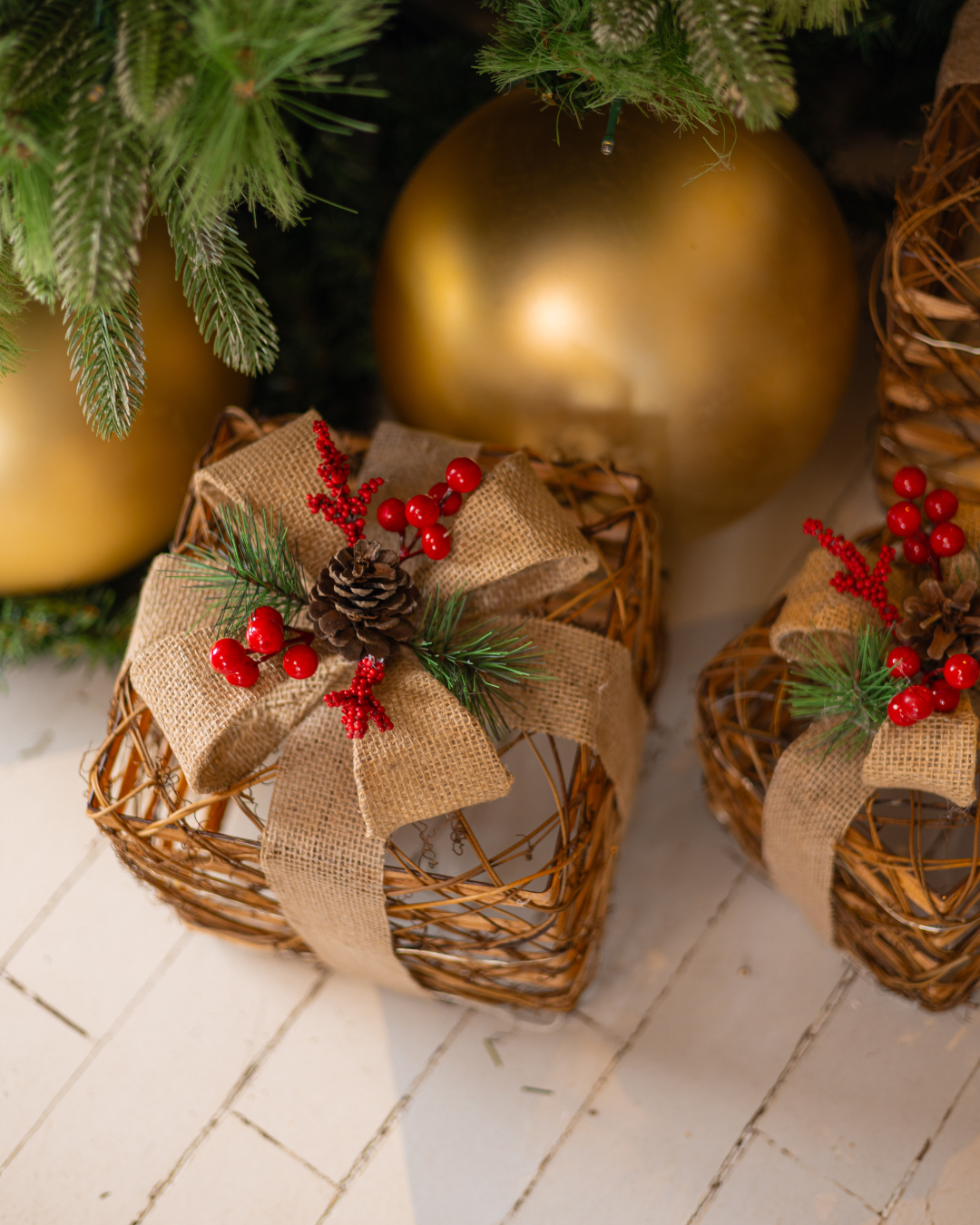 Conjunto de 3 Presentes Natalinos c/ LED - Marrom