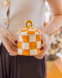 Pote Decorativo Xadrez Laranja em Cerâmica com Alça em Ouro - 13x10cm