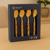 Conjunto 4 Colheres de Sobremesa Inox Dourado com Cabo em Bambu