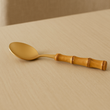 Conjunto 4 Colheres de Sobremesa Inox Dourado com Cabo em Bambu