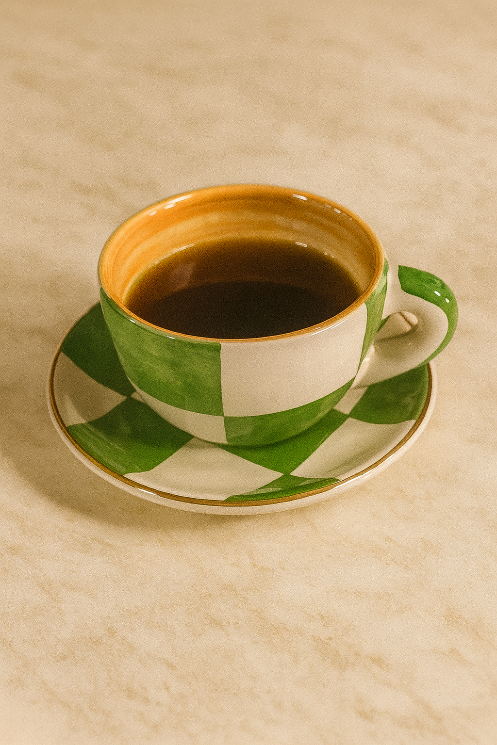 Xícara de Chá Xadrez com Pires Ouro – Verde – Cerâmica – 12x6x9,5 cm