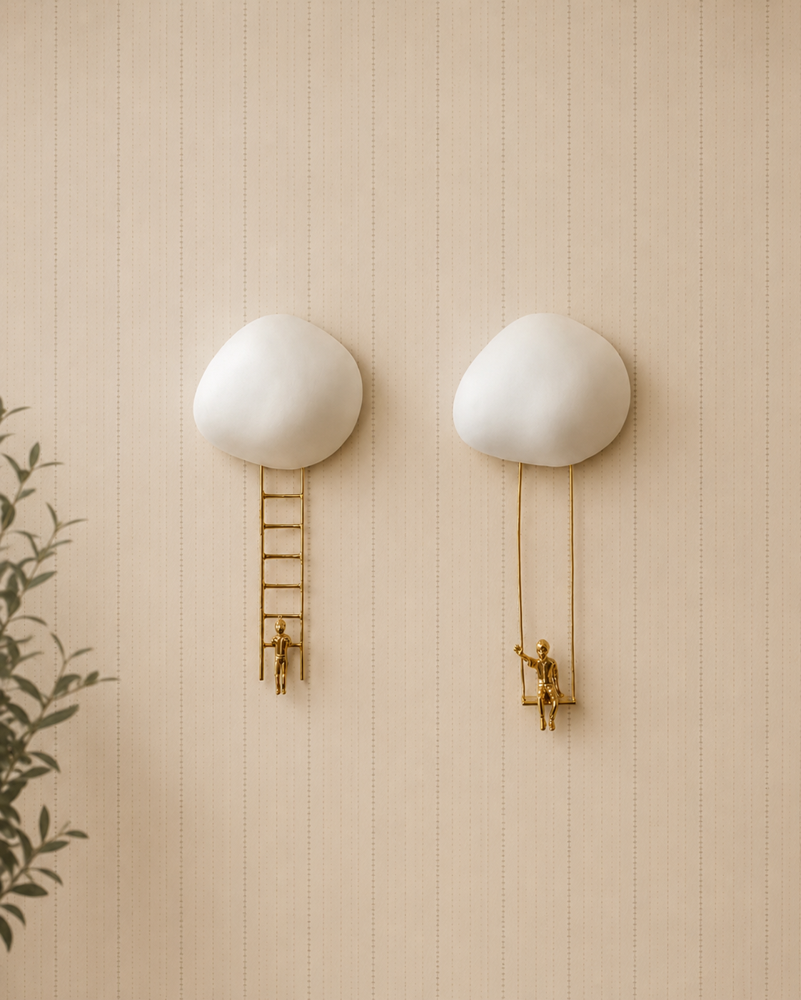 Escultura Decorativa Nuvem com Menino no Balanço – Off White e Dourado – 24 cm