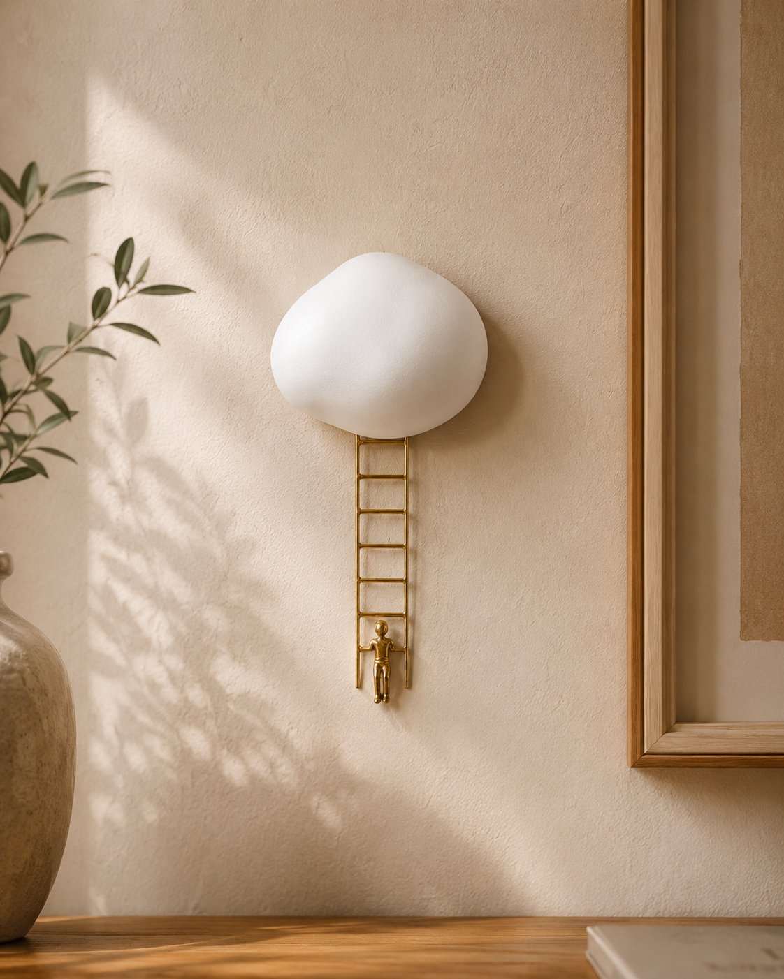 Escultura Decorativa Nuvem com Escada – Off White e Dourado – 24 cm
