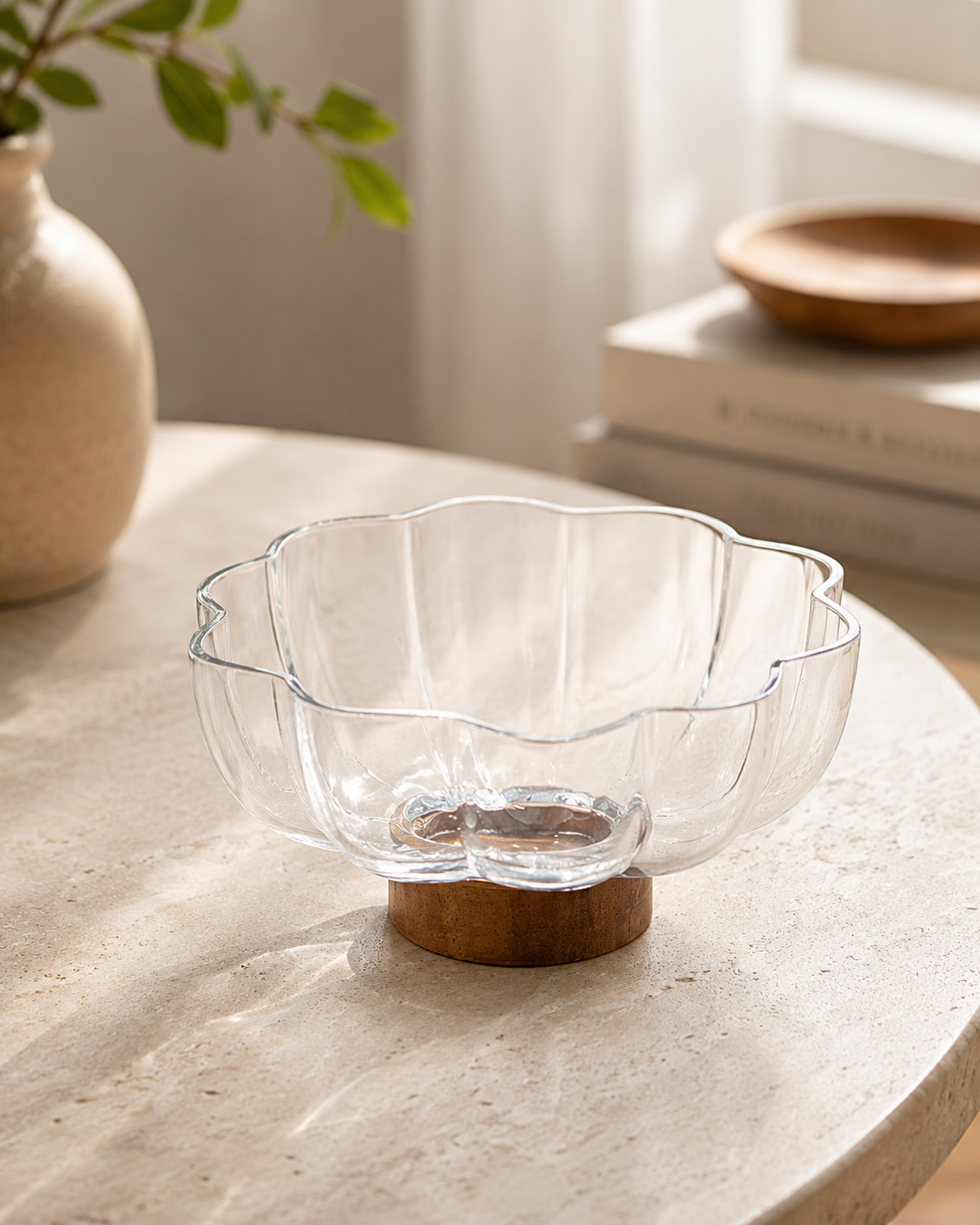 Centro de Mesa Flor em Vidro com Base Madeira – 25 cm