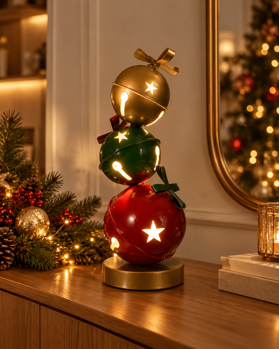 Escultura Natalina Esferas 16x45 cm – escultura de Natal em metal com esferas nas cores natalinas