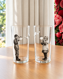 Dupla de copos de vidro Bola de Sabão 300ml com ilustração vintage de menino e menina soprando bolhas em relevo