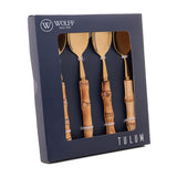 Conjunto 4 Colheres de Sobremesa Inox Dourado com Cabo em Bambu